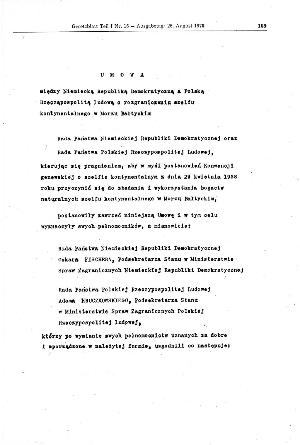 Gesetzblatt (GBl.) der Deutschen Demokratischen Republik (DDR) Teil Ⅰ 1970, Seite 109 (GBl. DDR Ⅰ 1970, S. 109)