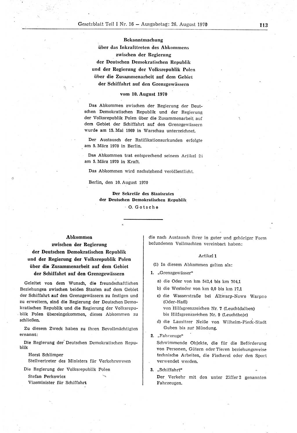 Gesetzblatt (GBl.) der Deutschen Demokratischen Republik (DDR) Teil Ⅰ 1970, Seite 113 (GBl. DDR Ⅰ 1970, S. 113)