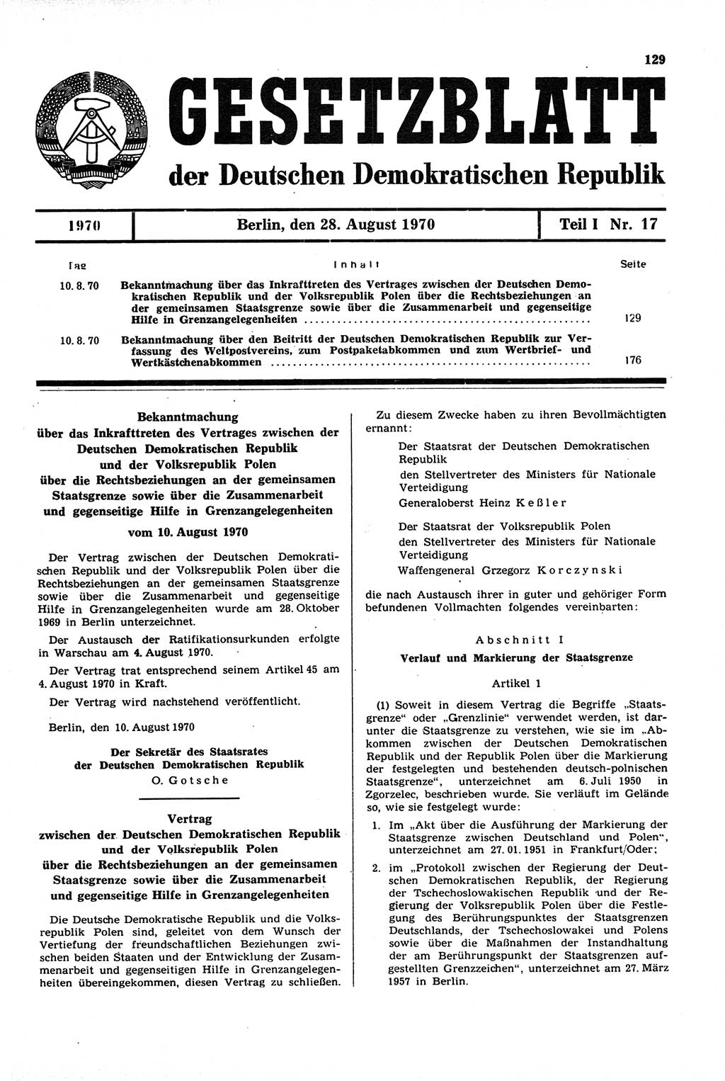 Gesetzblatt (GBl.) der Deutschen Demokratischen Republik (DDR) Teil Ⅰ 1970, Seite 129 (GBl. DDR Ⅰ 1970, S. 129)