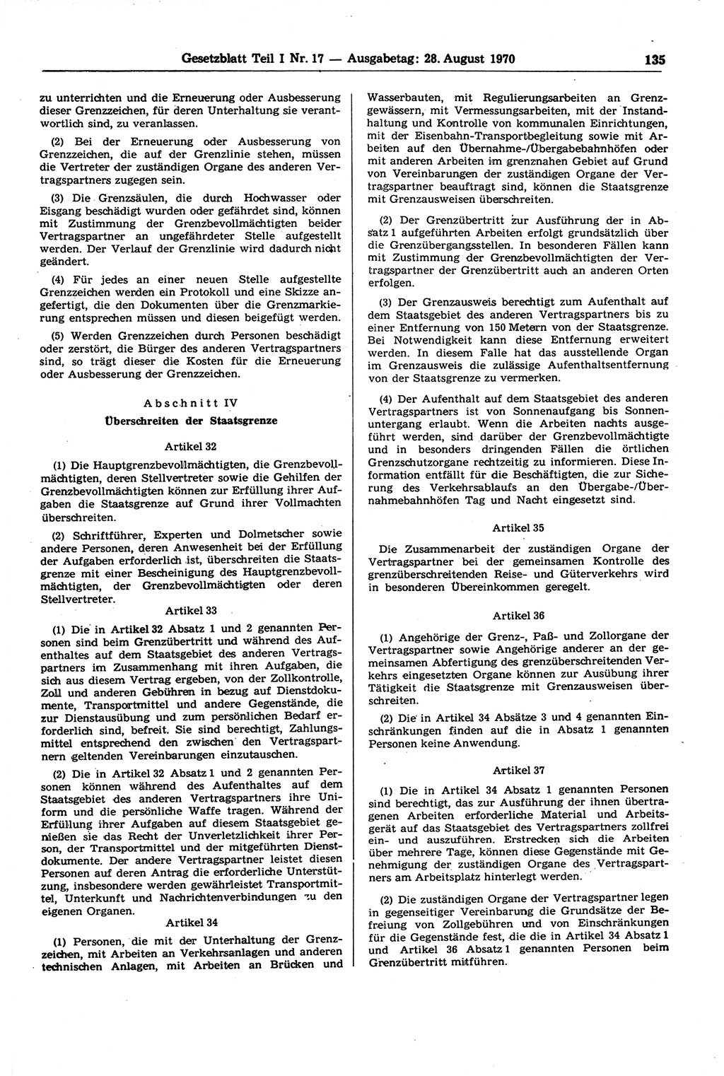 Gesetzblatt (GBl.) der Deutschen Demokratischen Republik (DDR) Teil Ⅰ 1970, Seite 135 (GBl. DDR Ⅰ 1970, S. 135)