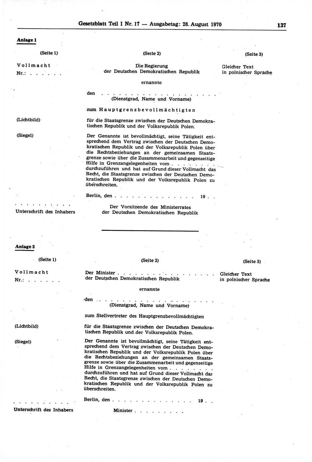 Gesetzblatt (GBl.) der Deutschen Demokratischen Republik (DDR) Teil Ⅰ 1970, Seite 137 (GBl. DDR Ⅰ 1970, S. 137)