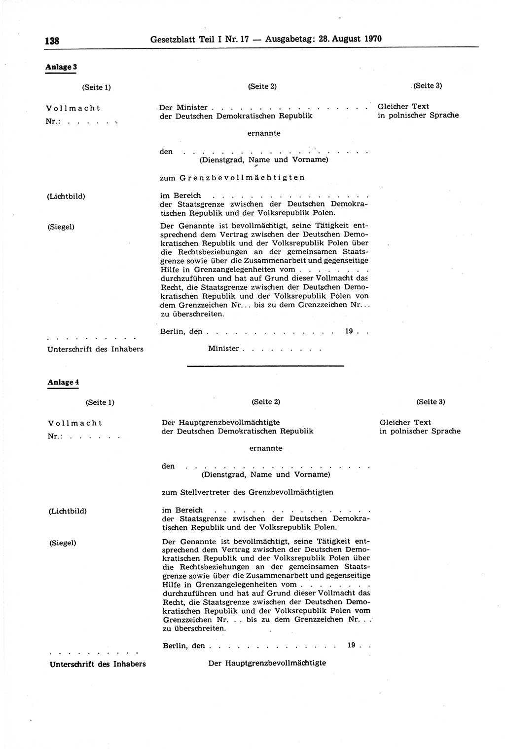 Gesetzblatt (GBl.) der Deutschen Demokratischen Republik (DDR) Teil Ⅰ 1970, Seite 138 (GBl. DDR Ⅰ 1970, S. 138)