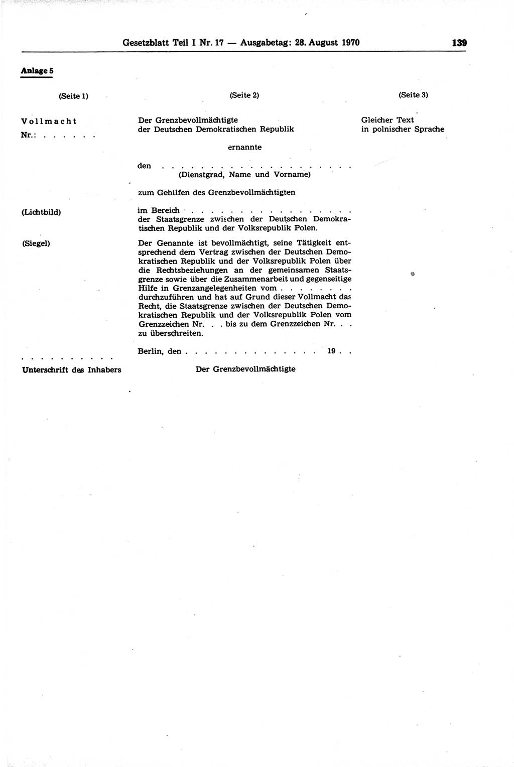 Gesetzblatt (GBl.) der Deutschen Demokratischen Republik (DDR) Teil Ⅰ 1970, Seite 139 (GBl. DDR Ⅰ 1970, S. 139)