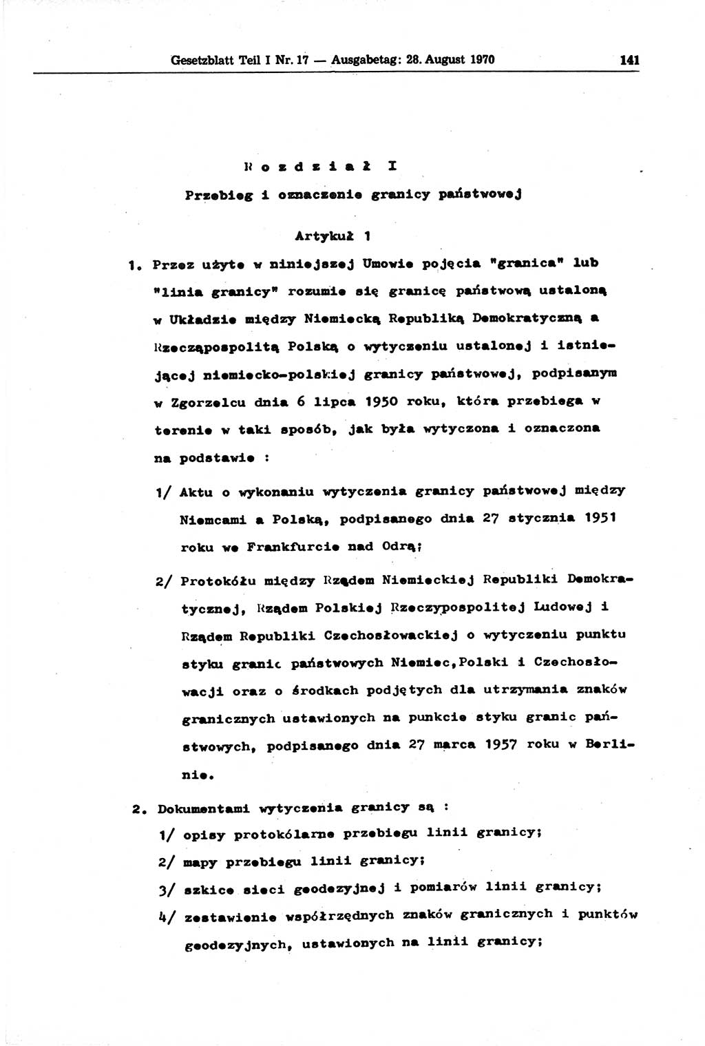 Gesetzblatt (GBl.) der Deutschen Demokratischen Republik (DDR) Teil Ⅰ 1970, Seite 141 (GBl. DDR Ⅰ 1970, S. 141)