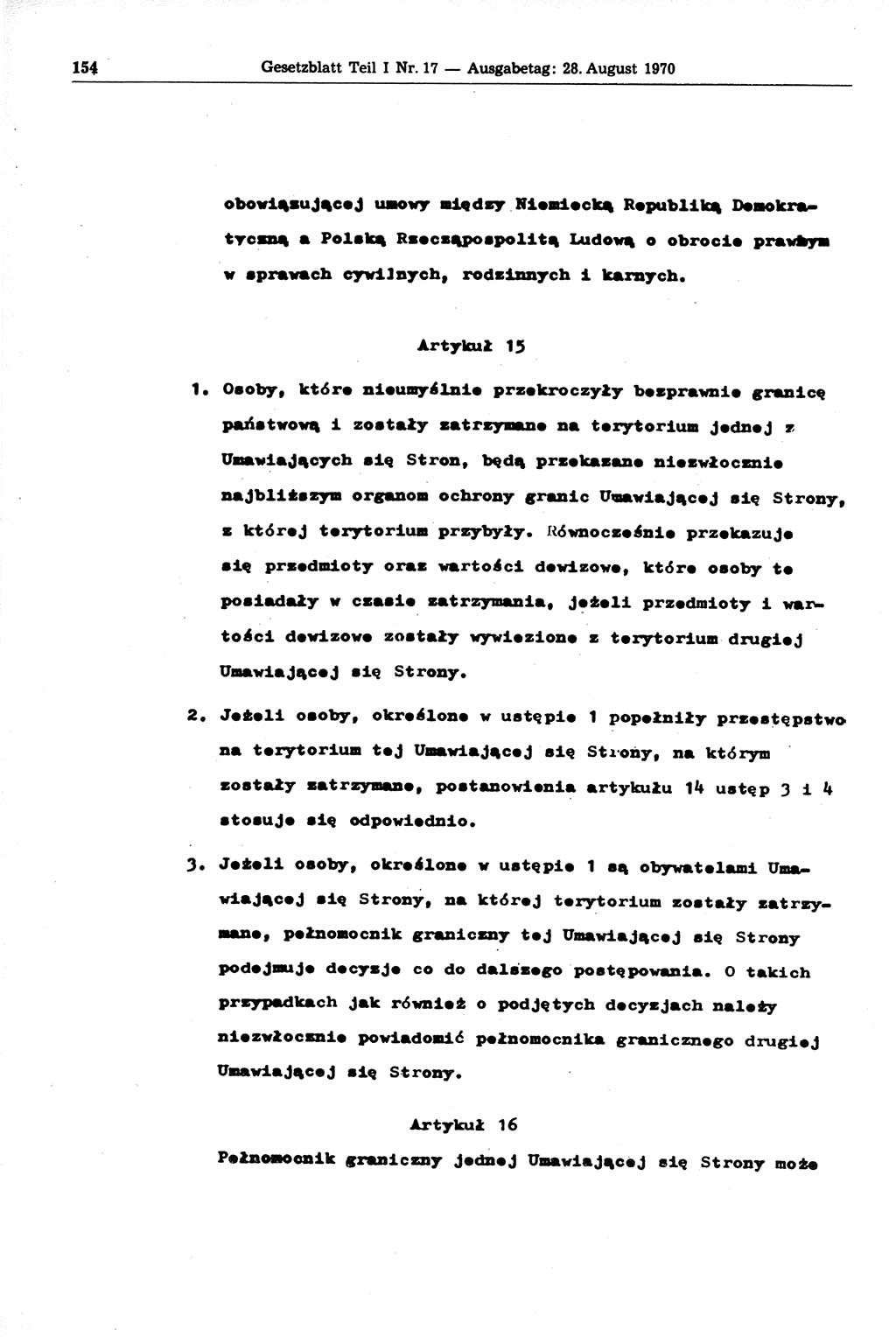 Gesetzblatt (GBl.) der Deutschen Demokratischen Republik (DDR) Teil Ⅰ 1970, Seite 154 (GBl. DDR Ⅰ 1970, S. 154)