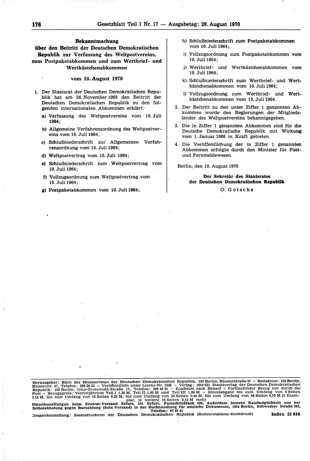 Gesetzblatt (GBl.) der Deutschen Demokratischen Republik (DDR) Teil Ⅰ 1970, Seite 176 (GBl. DDR Ⅰ 1970, S. 176)
