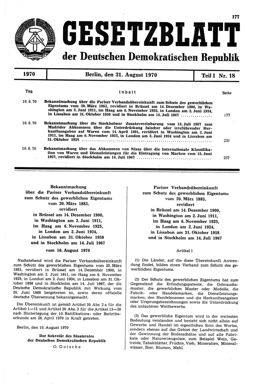 Gesetzblatt (GBl.) der Deutschen Demokratischen Republik (DDR) Teil Ⅰ 1970, Seite 177 (GBl. DDR Ⅰ 1970, S. 177)