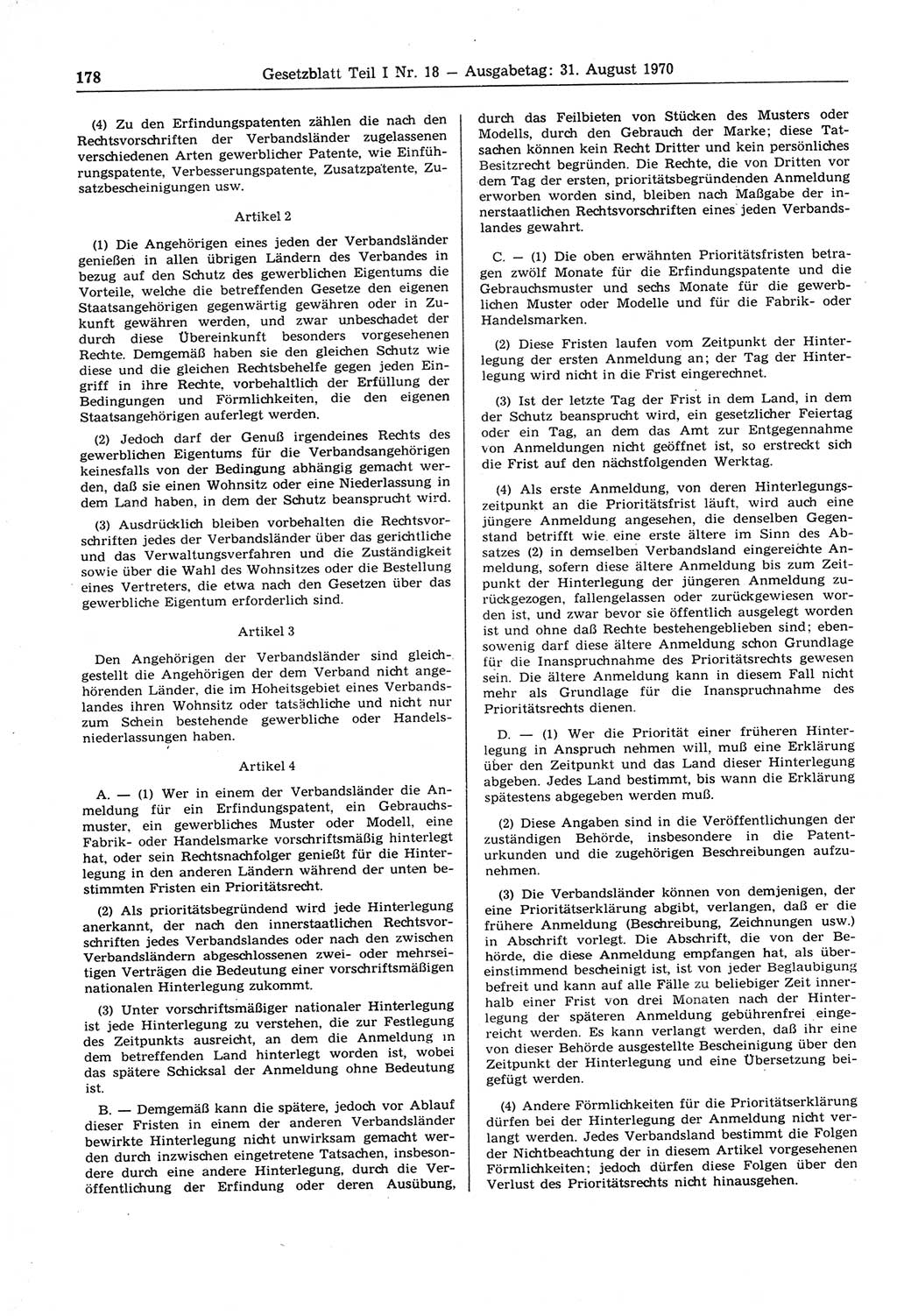 Gesetzblatt (GBl.) der Deutschen Demokratischen Republik (DDR) Teil Ⅰ 1970, Seite 178 (GBl. DDR Ⅰ 1970, S. 178)