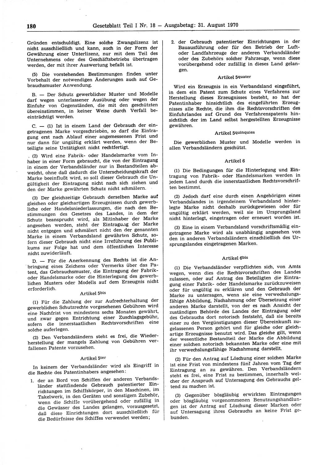 Gesetzblatt (GBl.) der Deutschen Demokratischen Republik (DDR) Teil Ⅰ 1970, Seite 180 (GBl. DDR Ⅰ 1970, S. 180)