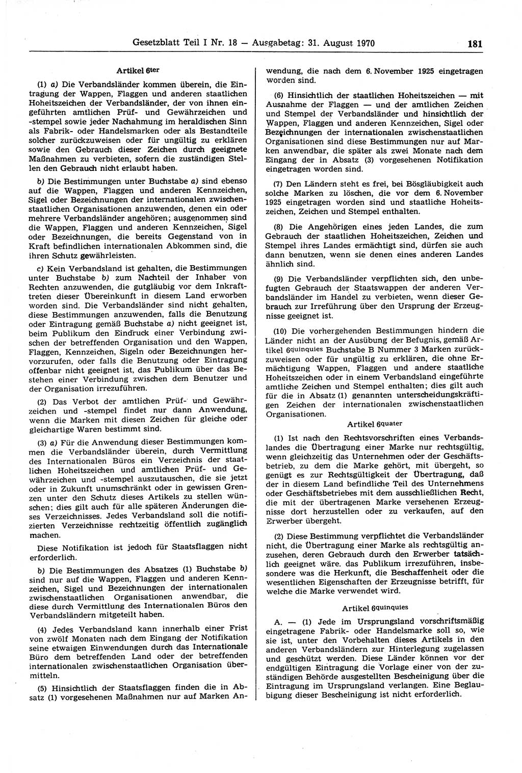 Gesetzblatt (GBl.) der Deutschen Demokratischen Republik (DDR) Teil Ⅰ 1970, Seite 181 (GBl. DDR Ⅰ 1970, S. 181)