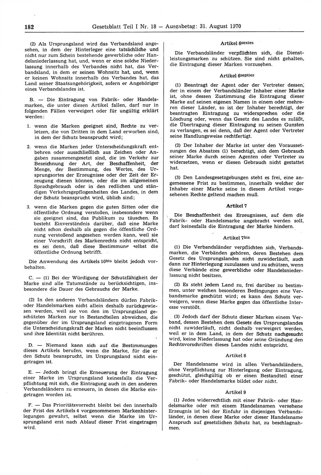 Gesetzblatt (GBl.) der Deutschen Demokratischen Republik (DDR) Teil Ⅰ 1970, Seite 182 (GBl. DDR Ⅰ 1970, S. 182)