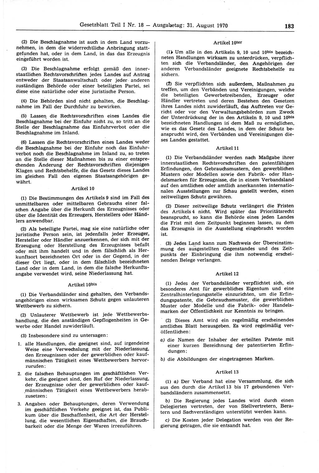 Gesetzblatt (GBl.) der Deutschen Demokratischen Republik (DDR) Teil Ⅰ 1970, Seite 183 (GBl. DDR Ⅰ 1970, S. 183)