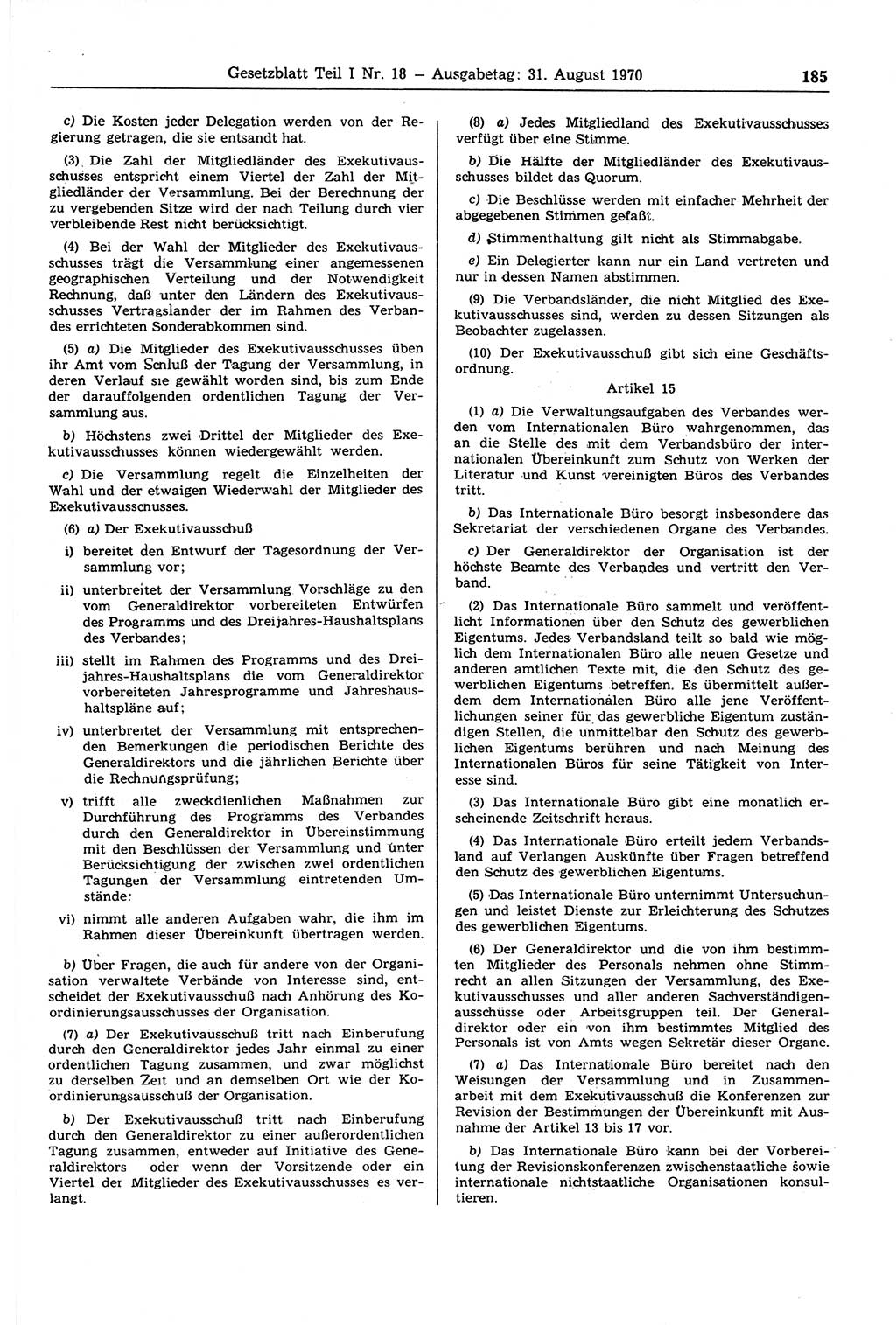 Gesetzblatt (GBl.) der Deutschen Demokratischen Republik (DDR) Teil Ⅰ 1970, Seite 185 (GBl. DDR Ⅰ 1970, S. 185)
