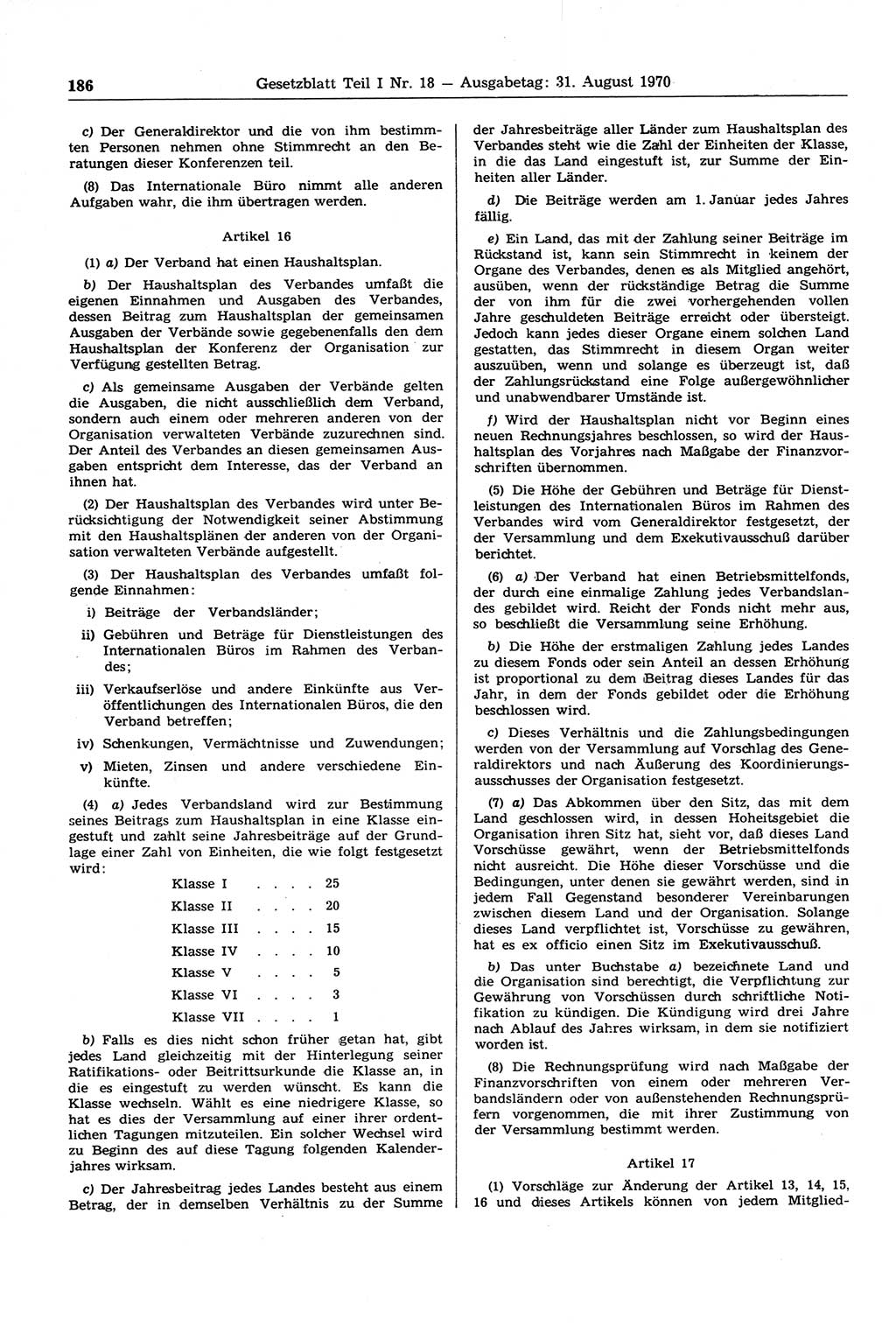 Gesetzblatt (GBl.) der Deutschen Demokratischen Republik (DDR) Teil Ⅰ 1970, Seite 186 (GBl. DDR Ⅰ 1970, S. 186)