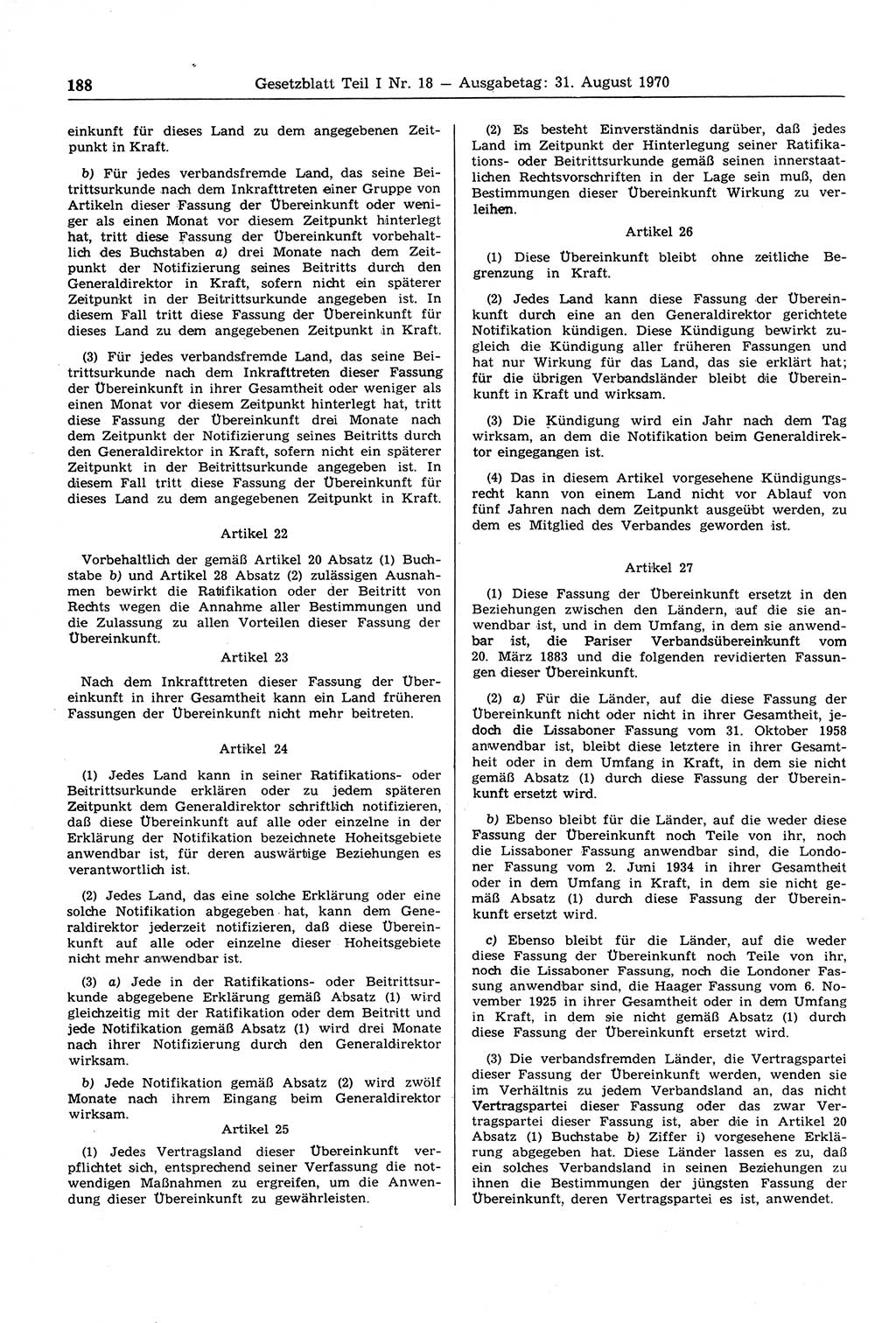 Gesetzblatt (GBl.) der Deutschen Demokratischen Republik (DDR) Teil Ⅰ 1970, Seite 188 (GBl. DDR Ⅰ 1970, S. 188)