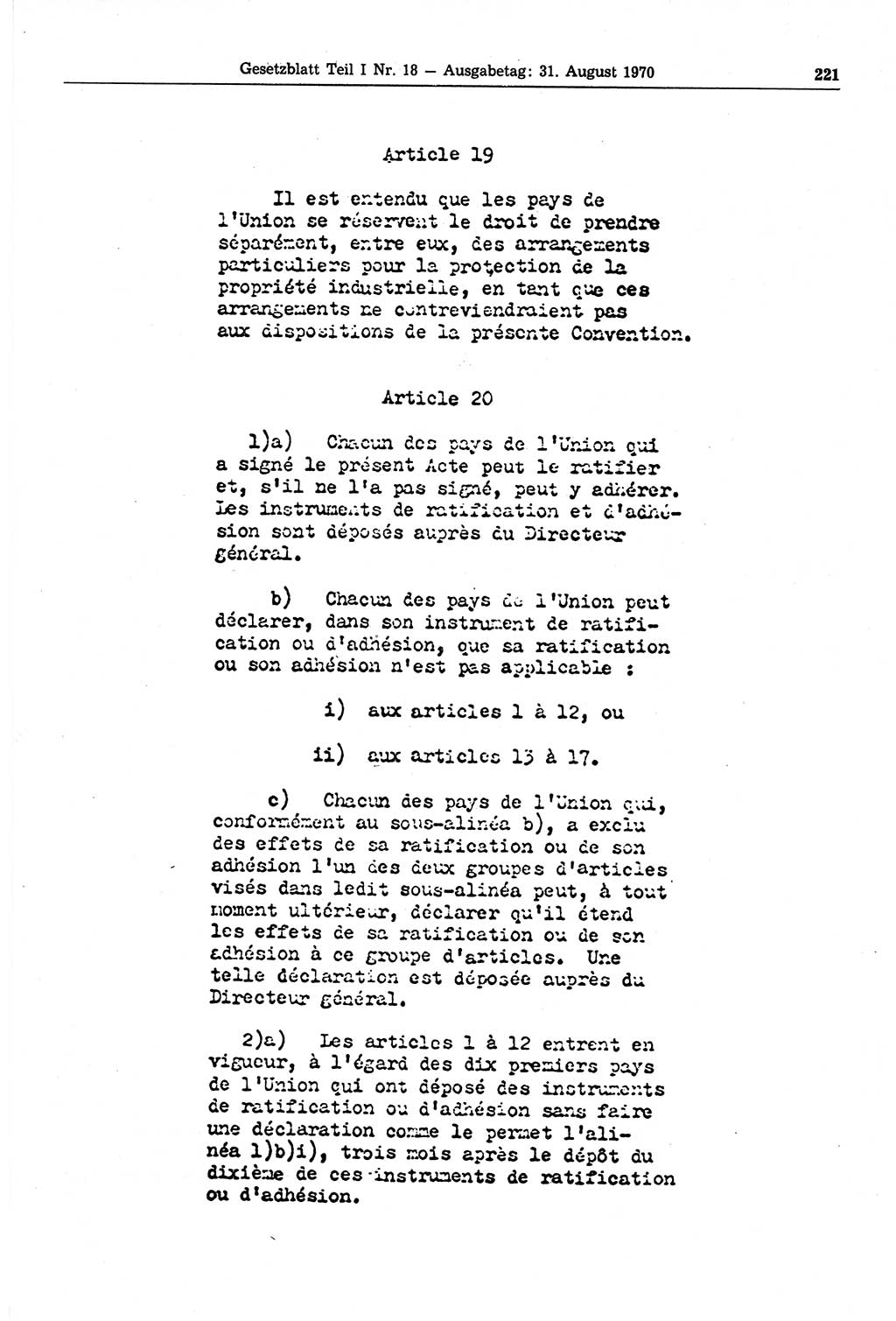Gesetzblatt (GBl.) der Deutschen Demokratischen Republik (DDR) Teil Ⅰ 1970, Seite 221 (GBl. DDR Ⅰ 1970, S. 221)
