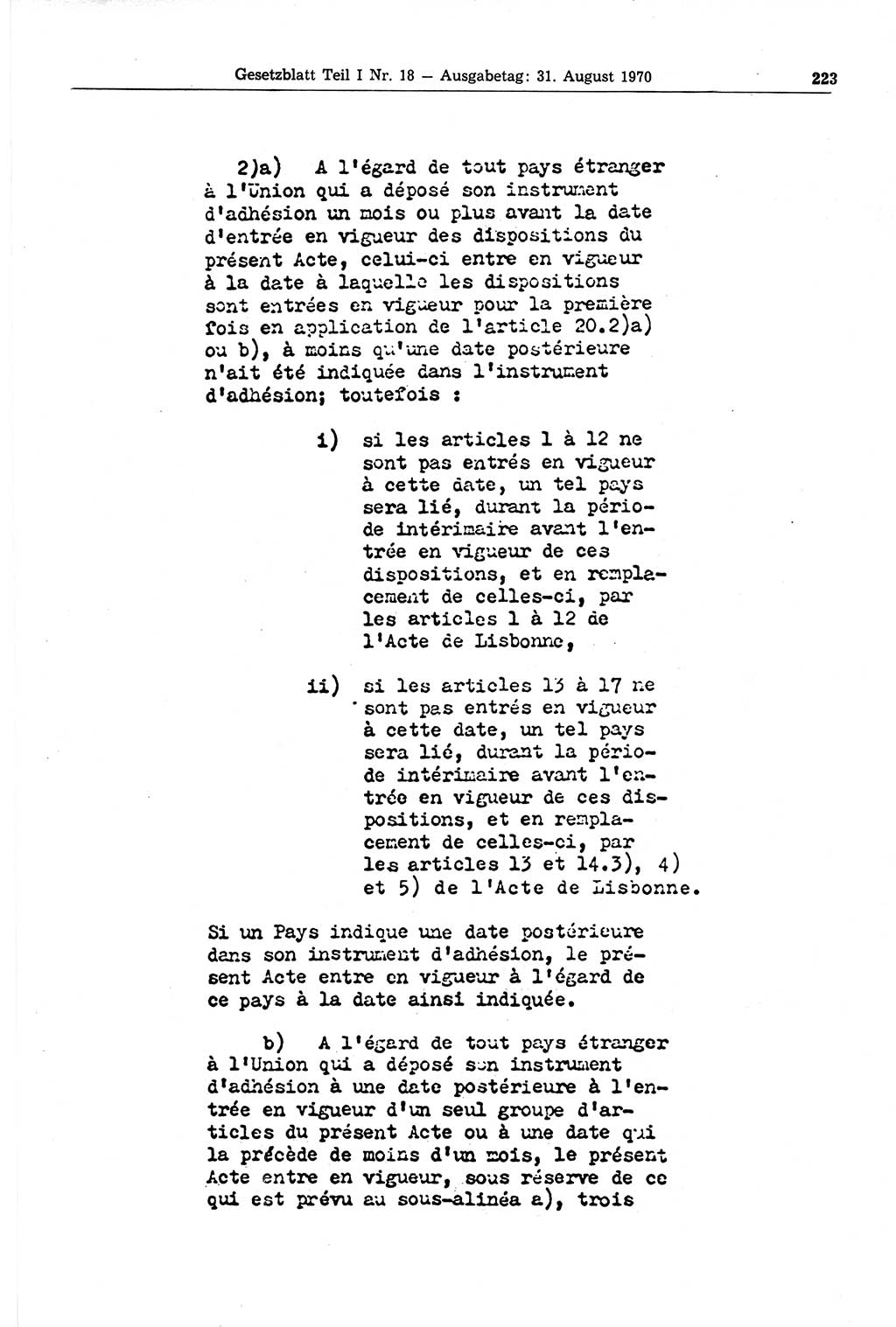 Gesetzblatt (GBl.) der Deutschen Demokratischen Republik (DDR) Teil Ⅰ 1970, Seite 223 (GBl. DDR Ⅰ 1970, S. 223)