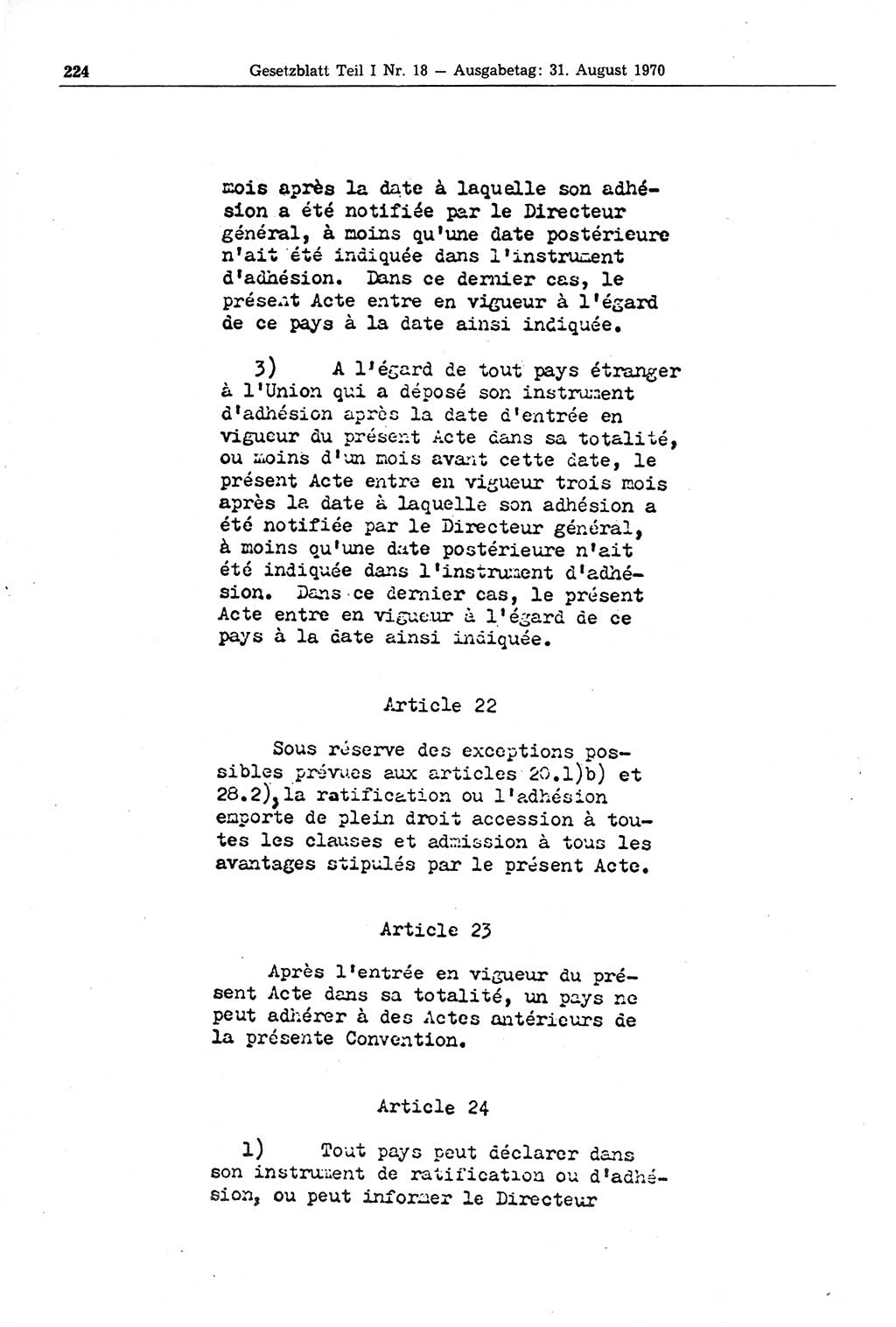 Gesetzblatt (GBl.) der Deutschen Demokratischen Republik (DDR) Teil Ⅰ 1970, Seite 224 (GBl. DDR Ⅰ 1970, S. 224)