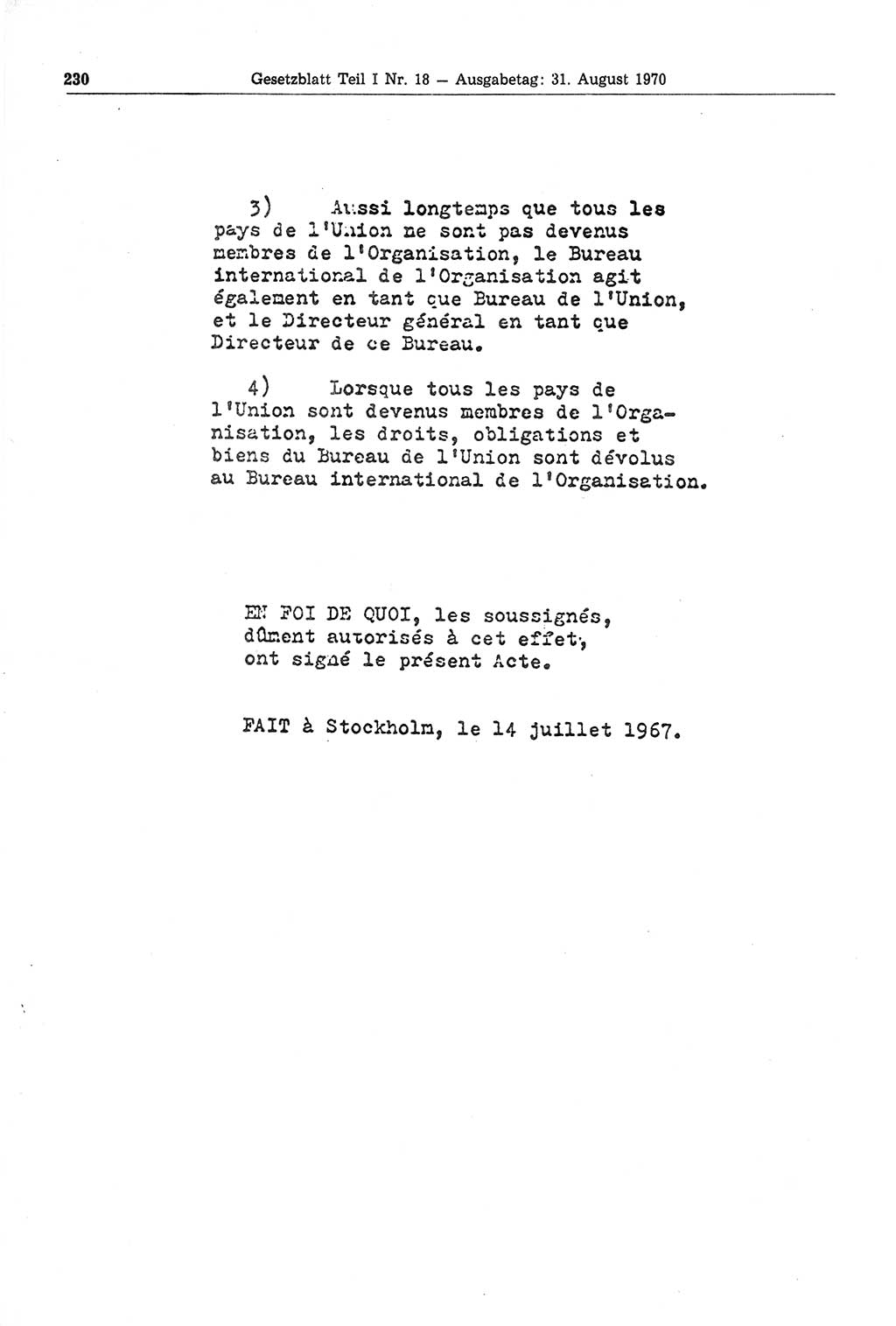 Gesetzblatt (GBl.) der Deutschen Demokratischen Republik (DDR) Teil Ⅰ 1970, Seite 230 (GBl. DDR Ⅰ 1970, S. 230)