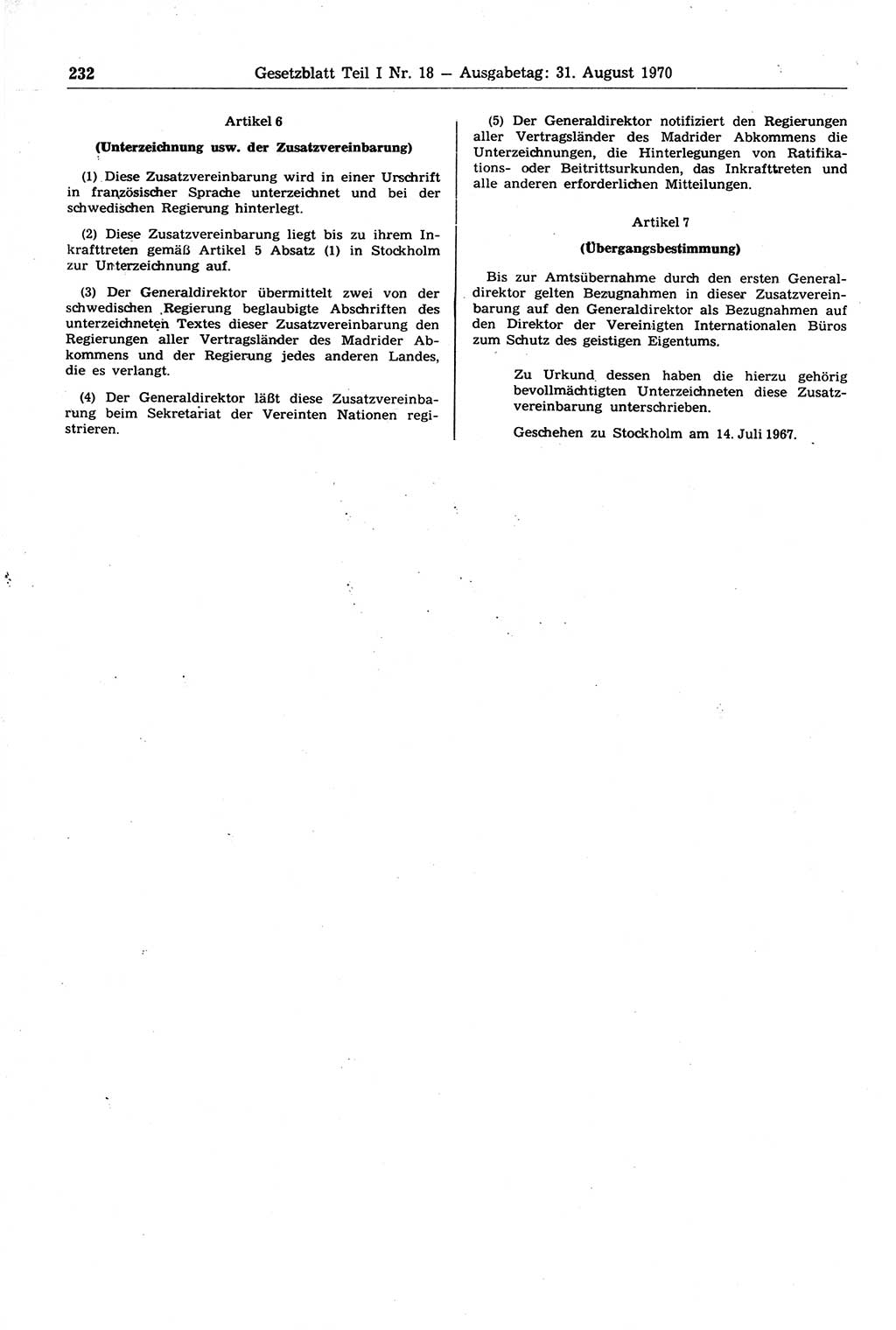 Gesetzblatt (GBl.) der Deutschen Demokratischen Republik (DDR) Teil Ⅰ 1970, Seite 232 (GBl. DDR Ⅰ 1970, S. 232)