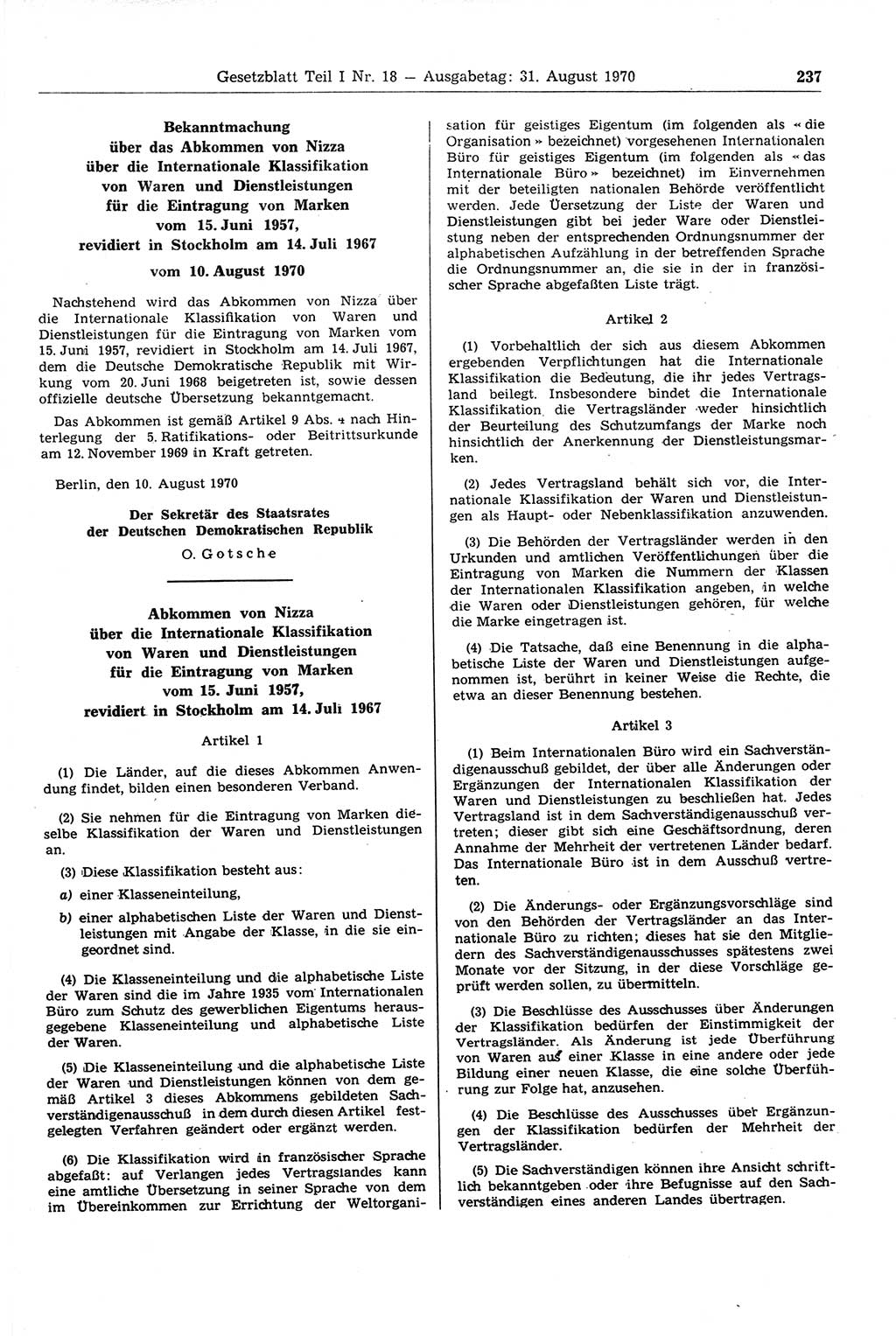 Gesetzblatt (GBl.) der Deutschen Demokratischen Republik (DDR) Teil Ⅰ 1970, Seite 237 (GBl. DDR Ⅰ 1970, S. 237)