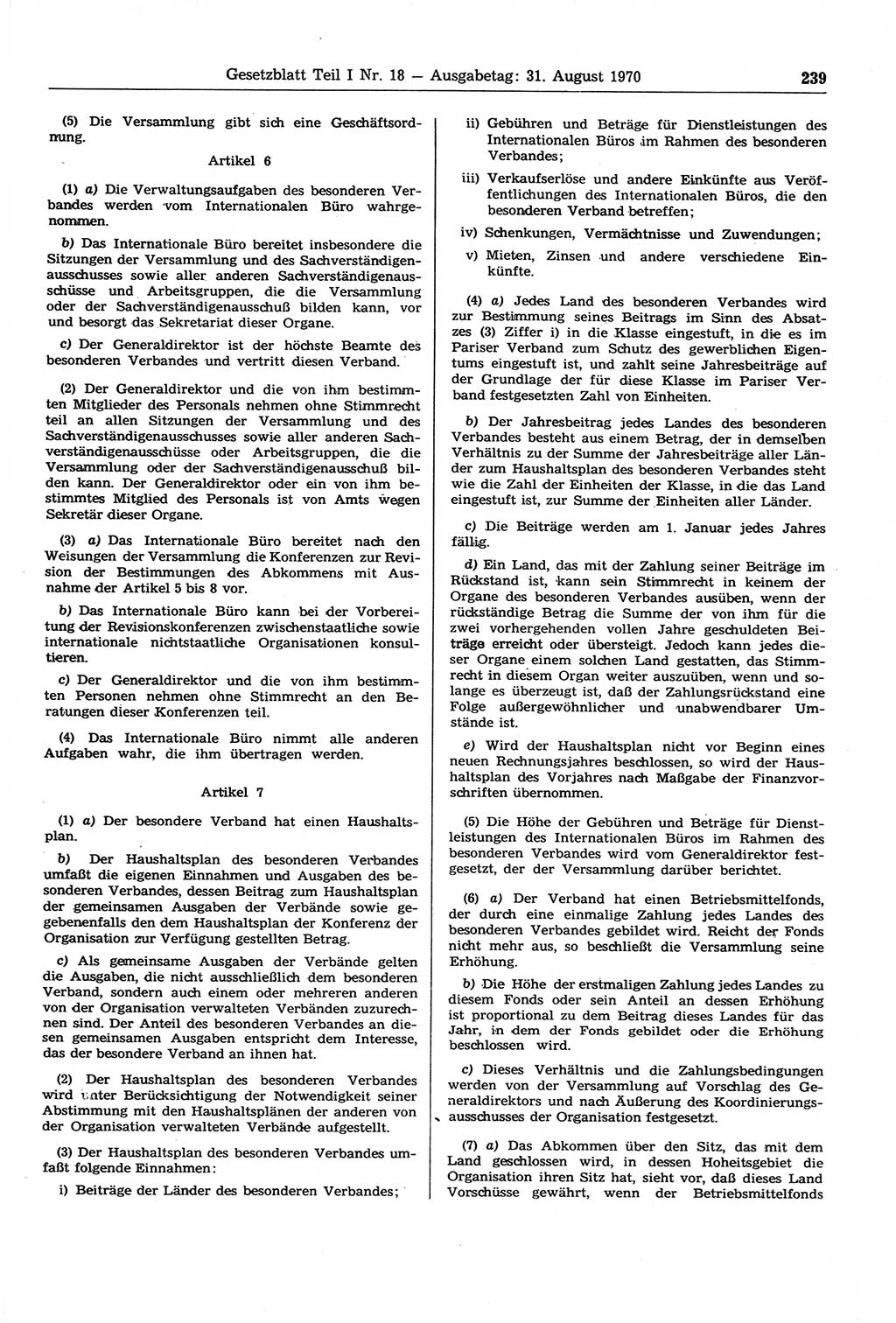 Gesetzblatt (GBl.) der Deutschen Demokratischen Republik (DDR) Teil Ⅰ 1970, Seite 239 (GBl. DDR Ⅰ 1970, S. 239)