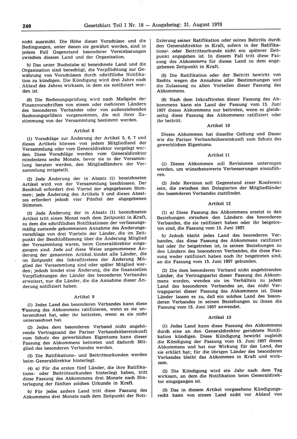 Gesetzblatt (GBl.) der Deutschen Demokratischen Republik (DDR) Teil Ⅰ 1970, Seite 240 (GBl. DDR Ⅰ 1970, S. 240)