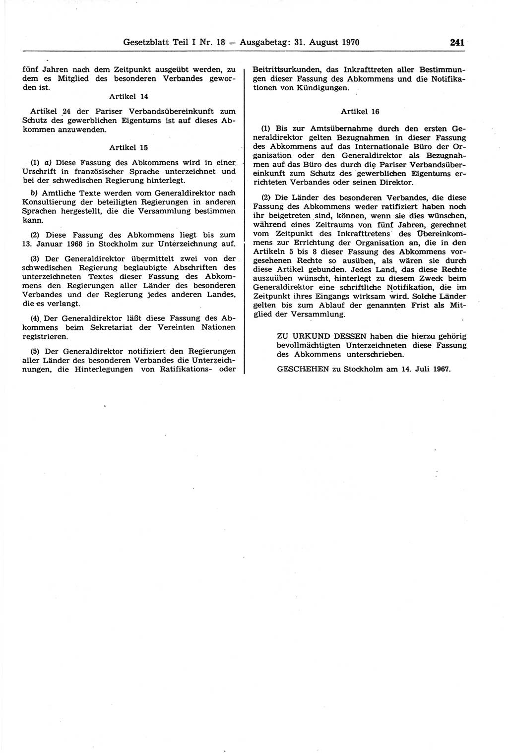 Gesetzblatt (GBl.) der Deutschen Demokratischen Republik (DDR) Teil Ⅰ 1970, Seite 241 (GBl. DDR Ⅰ 1970, S. 241)