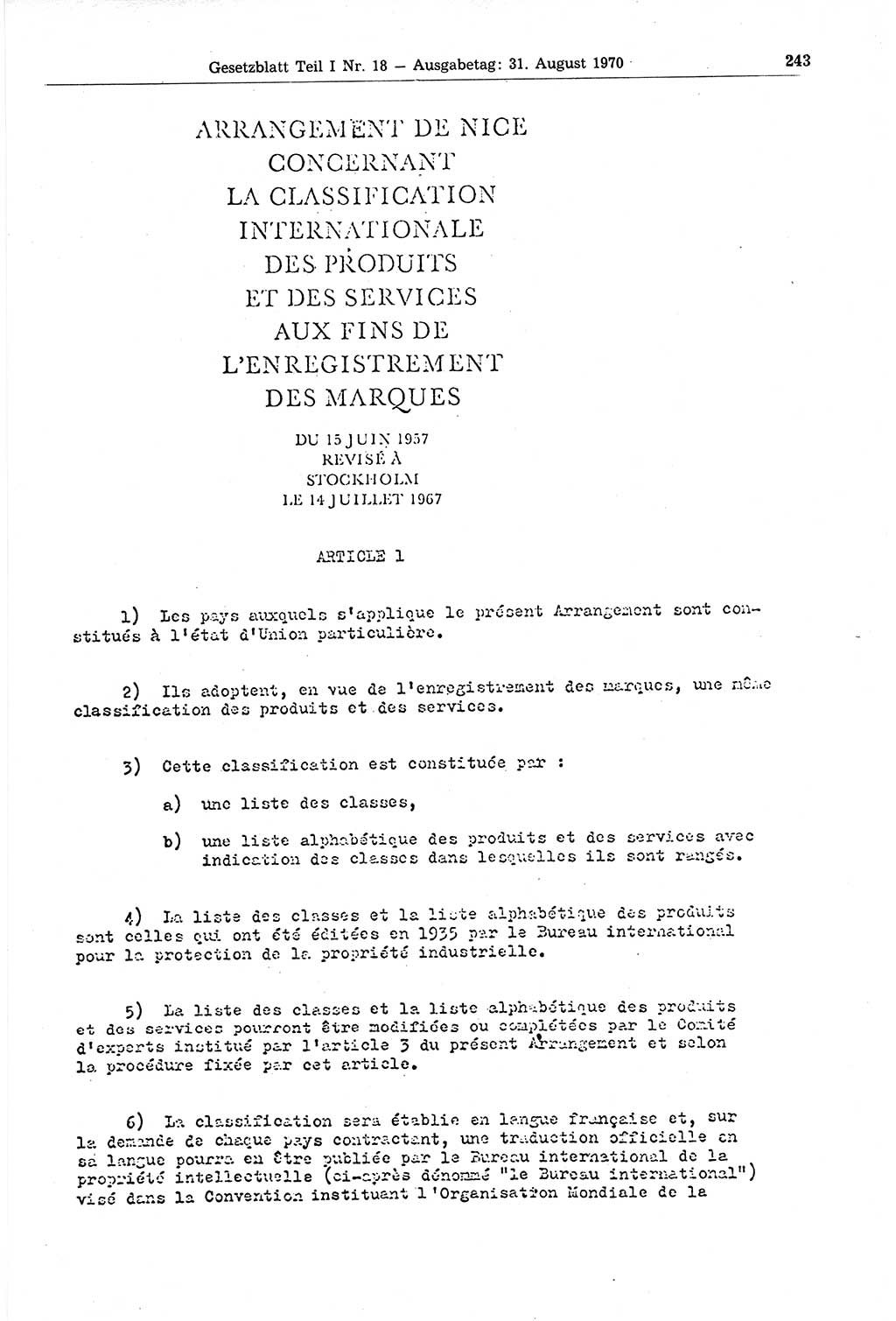 Gesetzblatt (GBl.) der Deutschen Demokratischen Republik (DDR) Teil Ⅰ 1970, Seite 243 (GBl. DDR Ⅰ 1970, S. 243)