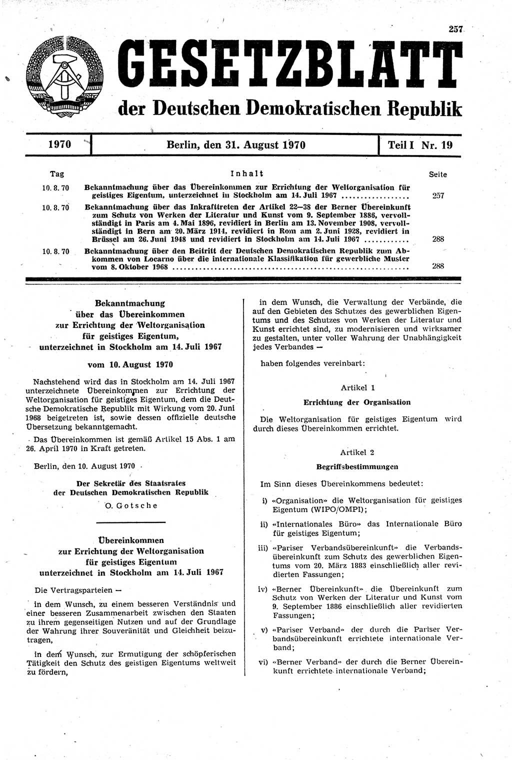 Gesetzblatt (GBl.) der Deutschen Demokratischen Republik (DDR) Teil Ⅰ 1970, Seite 257 (GBl. DDR Ⅰ 1970, S. 257)