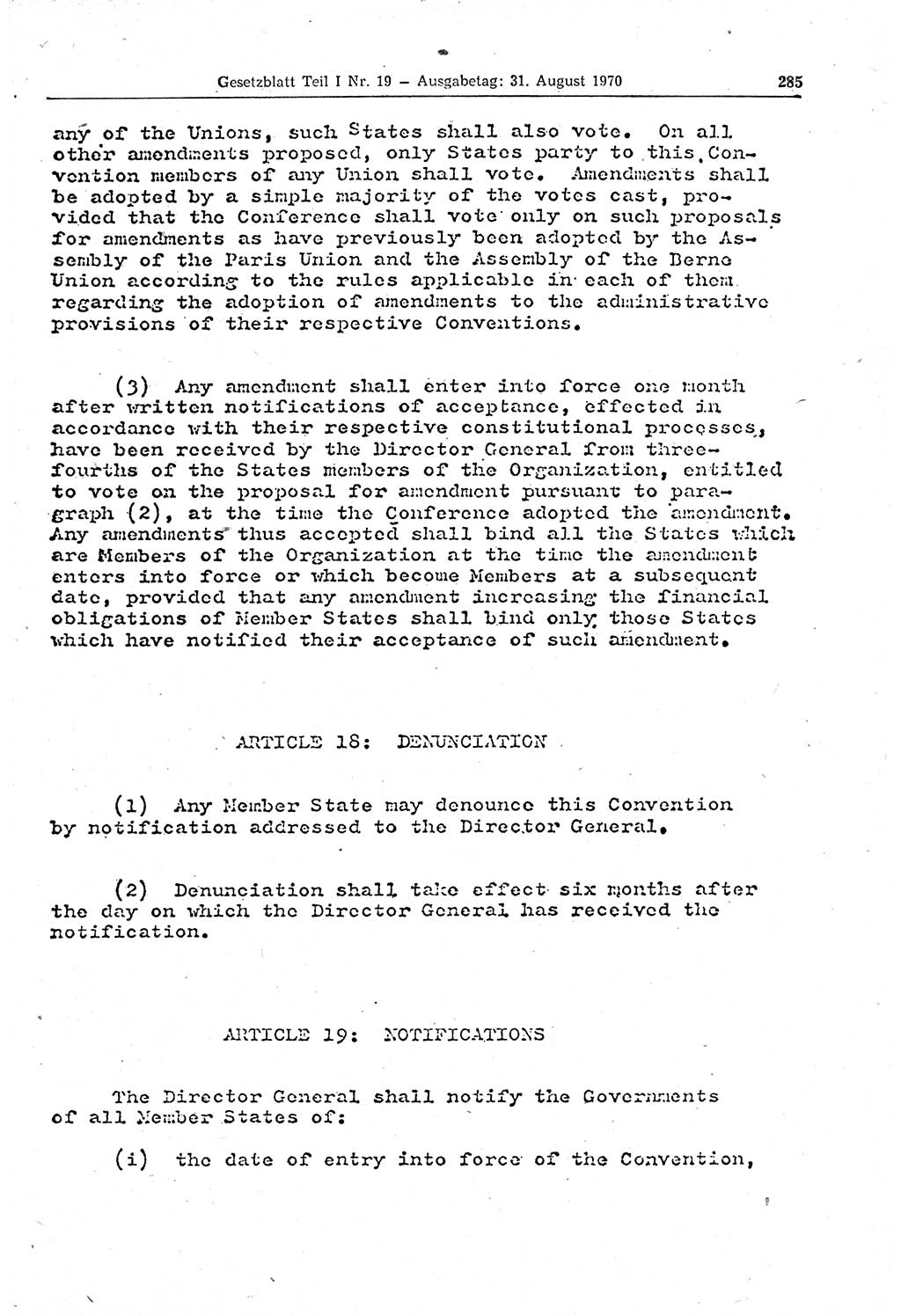 Gesetzblatt (GBl.) der Deutschen Demokratischen Republik (DDR) Teil Ⅰ 1970, Seite 285 (GBl. DDR Ⅰ 1970, S. 285)