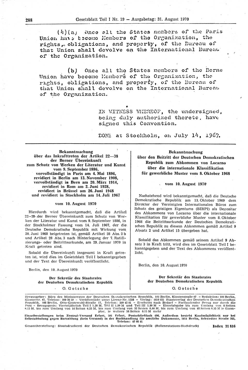 Gesetzblatt (GBl.) der Deutschen Demokratischen Republik (DDR) Teil Ⅰ 1970, Seite 288 (GBl. DDR Ⅰ 1970, S. 288)