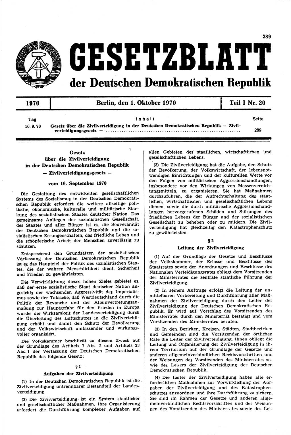 Gesetzblatt (GBl.) der Deutschen Demokratischen Republik (DDR) Teil Ⅰ 1970, Seite 289 (GBl. DDR Ⅰ 1970, S. 289)