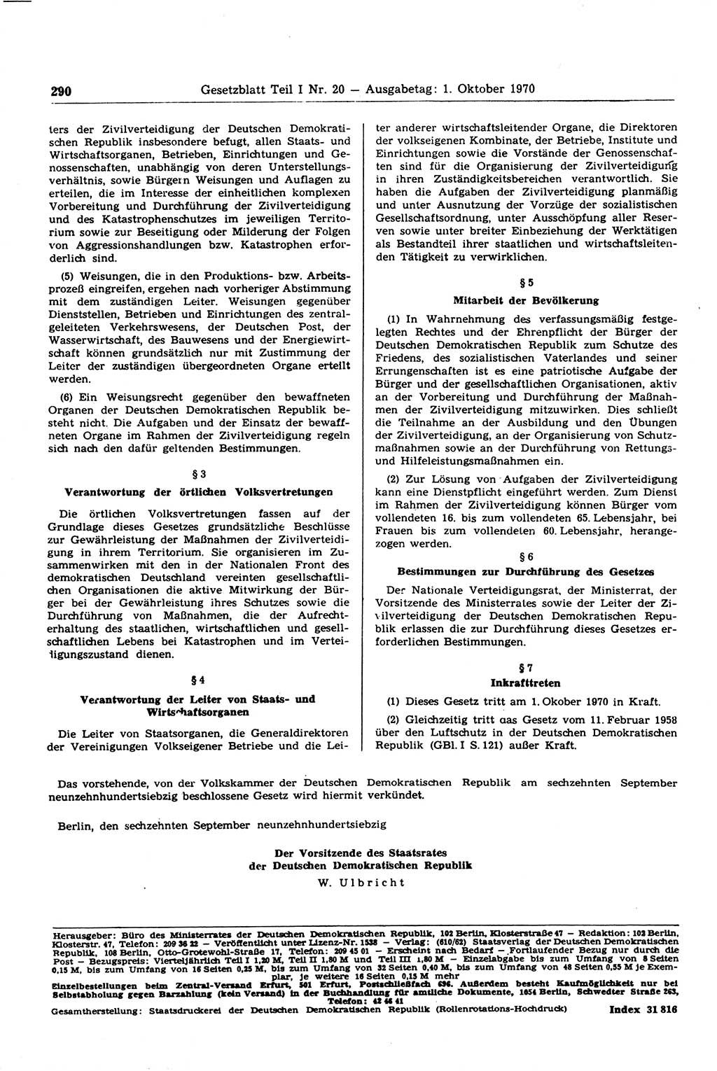 Gesetzblatt (GBl.) der Deutschen Demokratischen Republik (DDR) Teil Ⅰ 1970, Seite 290 (GBl. DDR Ⅰ 1970, S. 290)