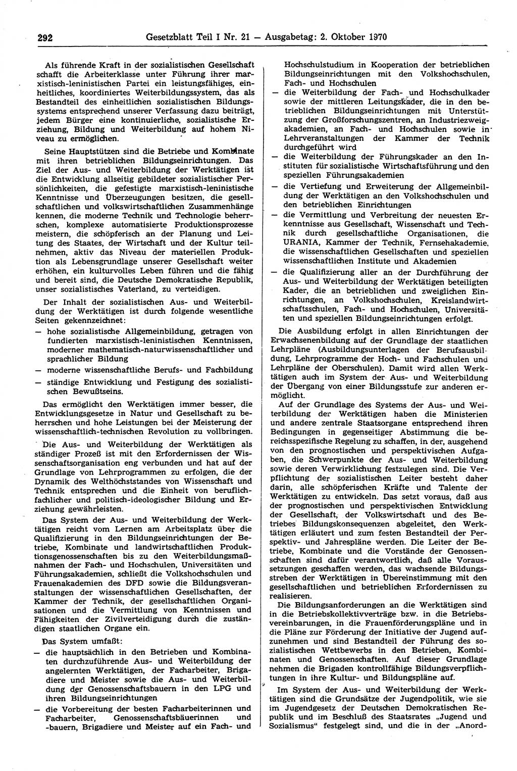 Gesetzblatt (GBl.) der Deutschen Demokratischen Republik (DDR) Teil Ⅰ 1970, Seite 292 (GBl. DDR Ⅰ 1970, S. 292)