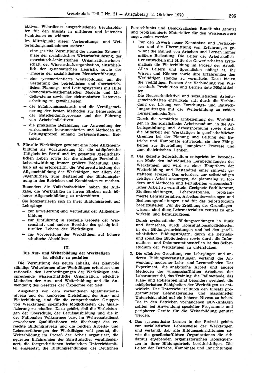 Gesetzblatt (GBl.) der Deutschen Demokratischen Republik (DDR) Teil Ⅰ 1970, Seite 295 (GBl. DDR Ⅰ 1970, S. 295)