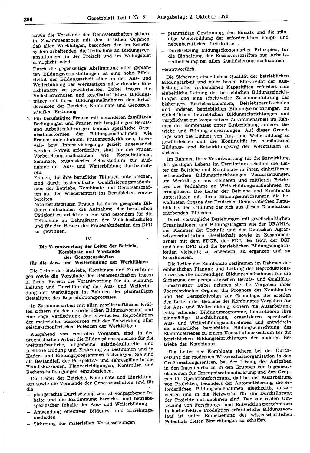 Gesetzblatt (GBl.) der Deutschen Demokratischen Republik (DDR) Teil Ⅰ 1970, Seite 296 (GBl. DDR Ⅰ 1970, S. 296)
