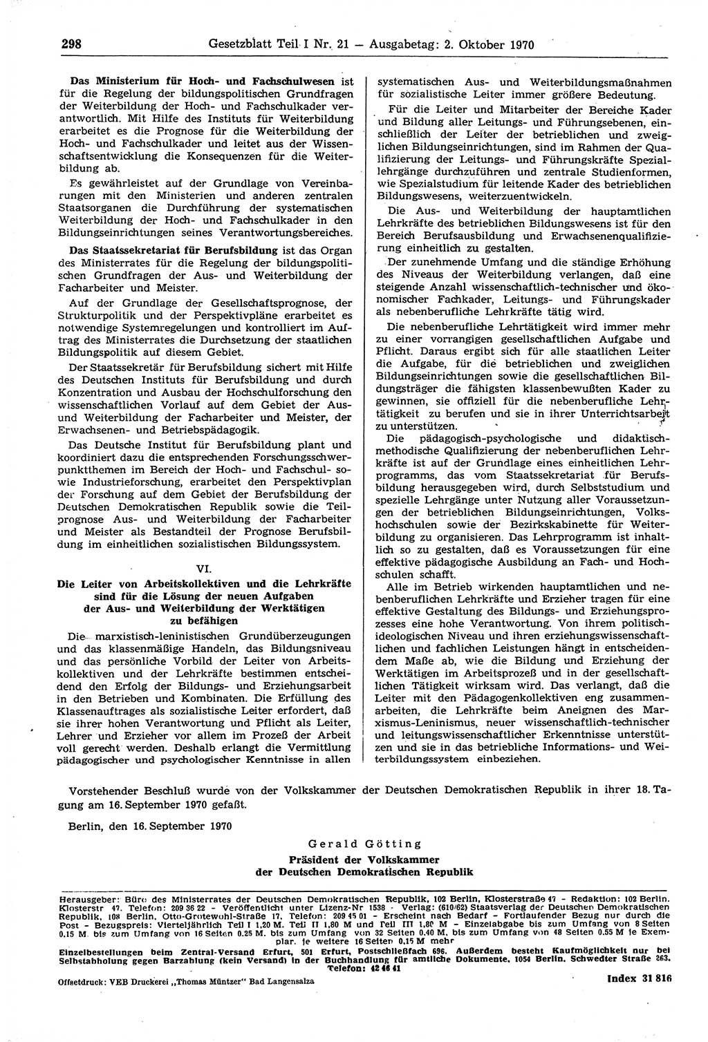 Gesetzblatt (GBl.) der Deutschen Demokratischen Republik (DDR) Teil Ⅰ 1970, Seite 298 (GBl. DDR Ⅰ 1970, S. 298)