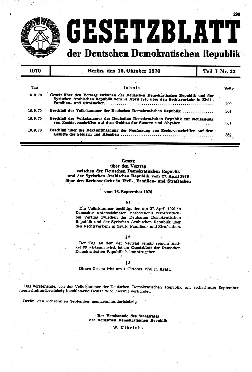 Gesetzblatt (GBl.) der Deutschen Demokratischen Republik (DDR) Teil Ⅰ 1970, Seite 299 (GBl. DDR Ⅰ 1970, S. 299)