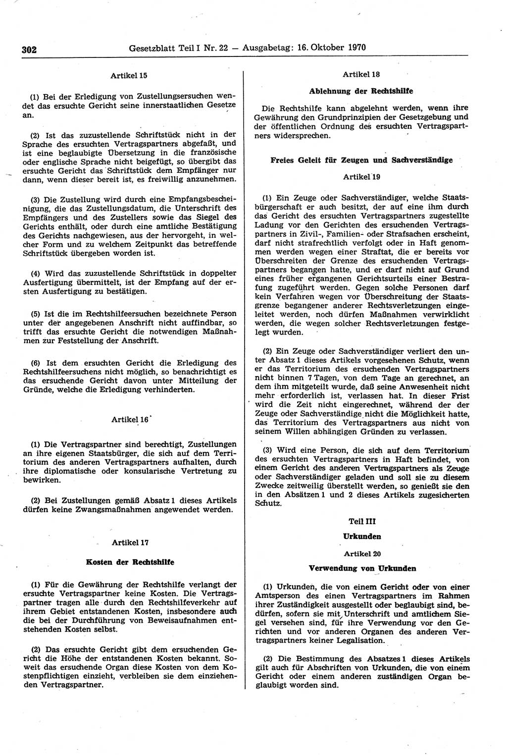 Gesetzblatt (GBl.) der Deutschen Demokratischen Republik (DDR) Teil Ⅰ 1970, Seite 302 (GBl. DDR Ⅰ 1970, S. 302)