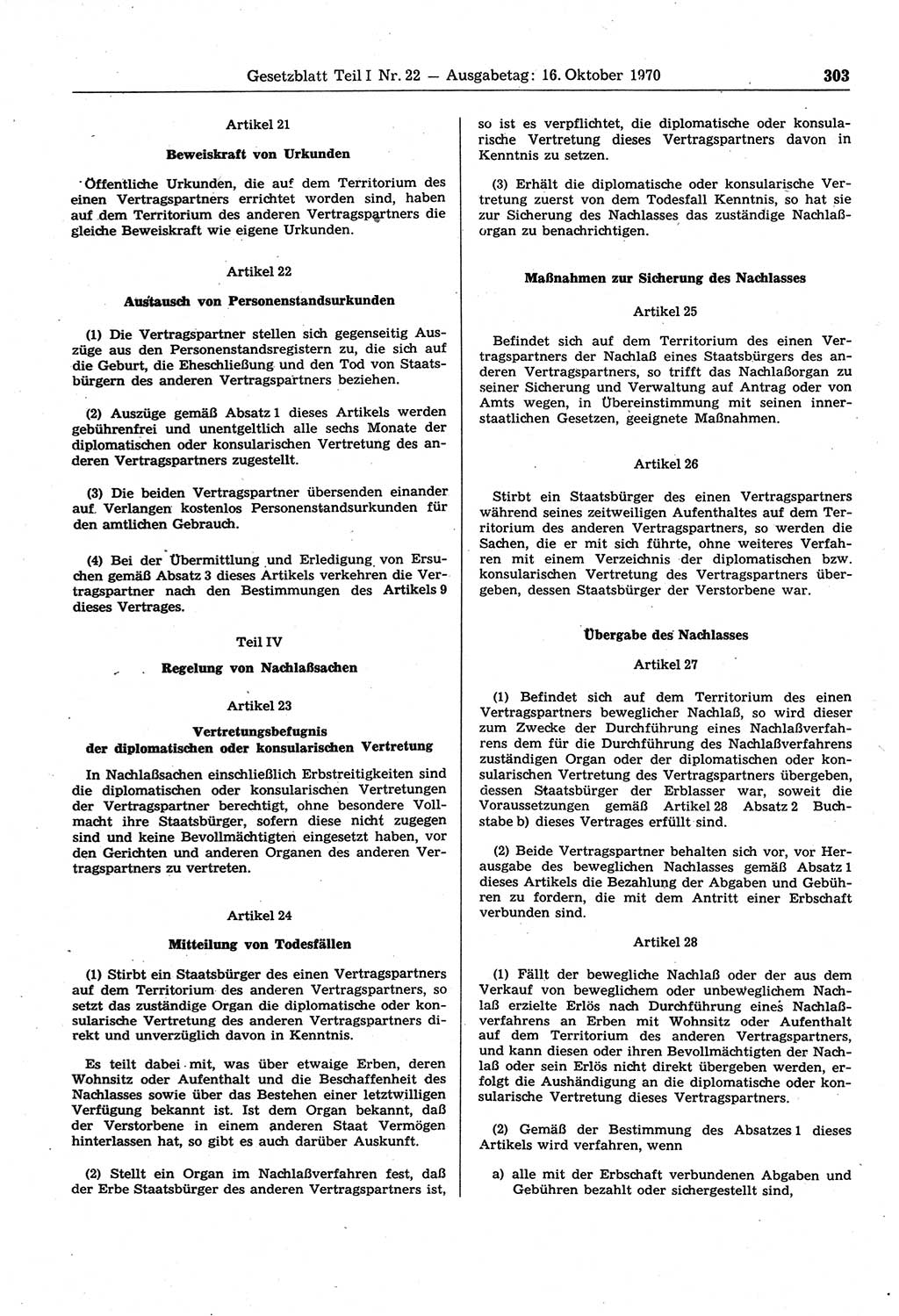 Gesetzblatt (GBl.) der Deutschen Demokratischen Republik (DDR) Teil Ⅰ 1970, Seite 303 (GBl. DDR Ⅰ 1970, S. 303)