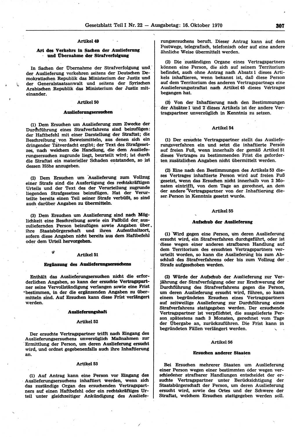 Gesetzblatt (GBl.) der Deutschen Demokratischen Republik (DDR) Teil Ⅰ 1970, Seite 307 (GBl. DDR Ⅰ 1970, S. 307)