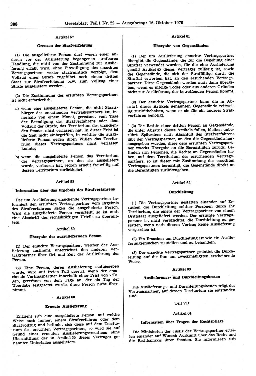 Gesetzblatt (GBl.) der Deutschen Demokratischen Republik (DDR) Teil Ⅰ 1970, Seite 308 (GBl. DDR Ⅰ 1970, S. 308)