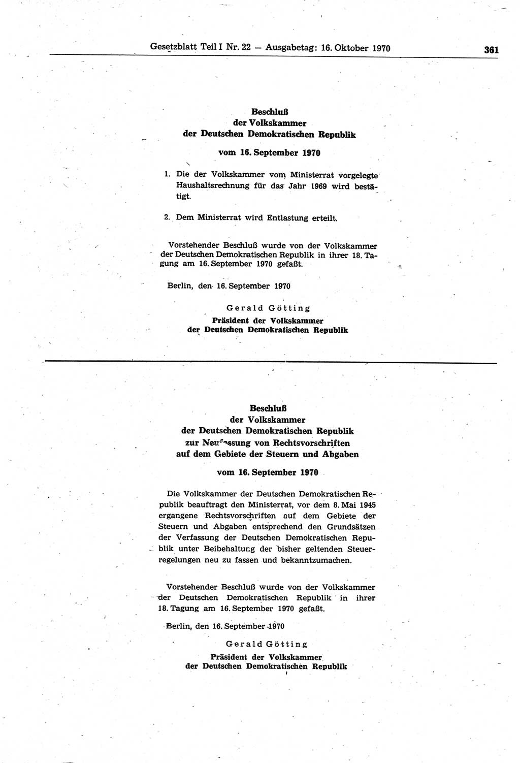 Gesetzblatt (GBl.) der Deutschen Demokratischen Republik (DDR) Teil Ⅰ 1970, Seite 361 (GBl. DDR Ⅰ 1970, S. 361)