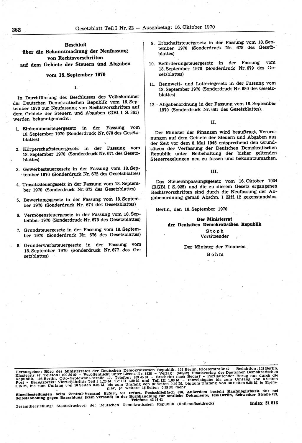 Gesetzblatt (GBl.) der Deutschen Demokratischen Republik (DDR) Teil Ⅰ 1970, Seite 362 (GBl. DDR Ⅰ 1970, S. 362)