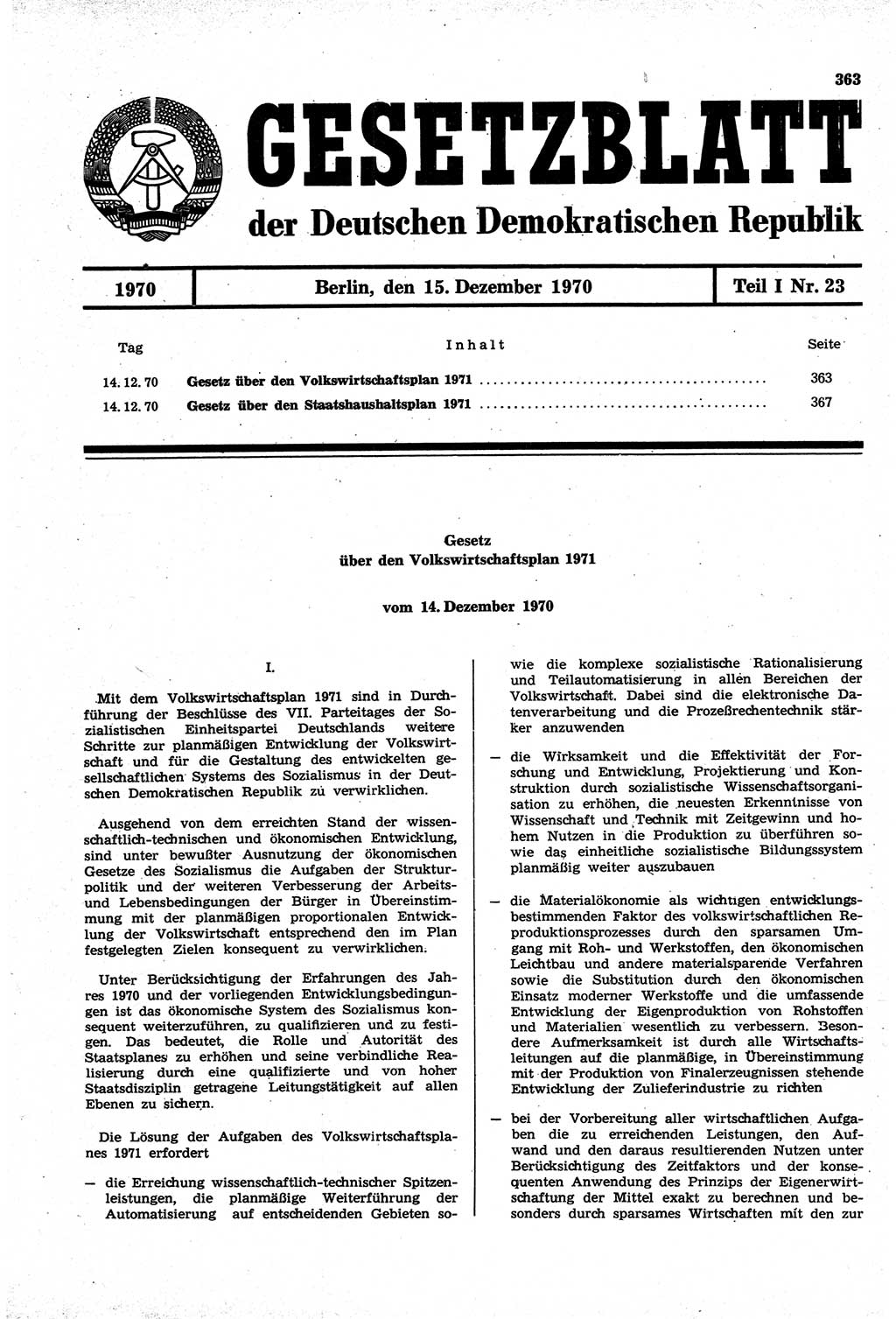 Gesetzblatt (GBl.) der Deutschen Demokratischen Republik (DDR) Teil Ⅰ 1970, Seite 363 (GBl. DDR Ⅰ 1970, S. 363)