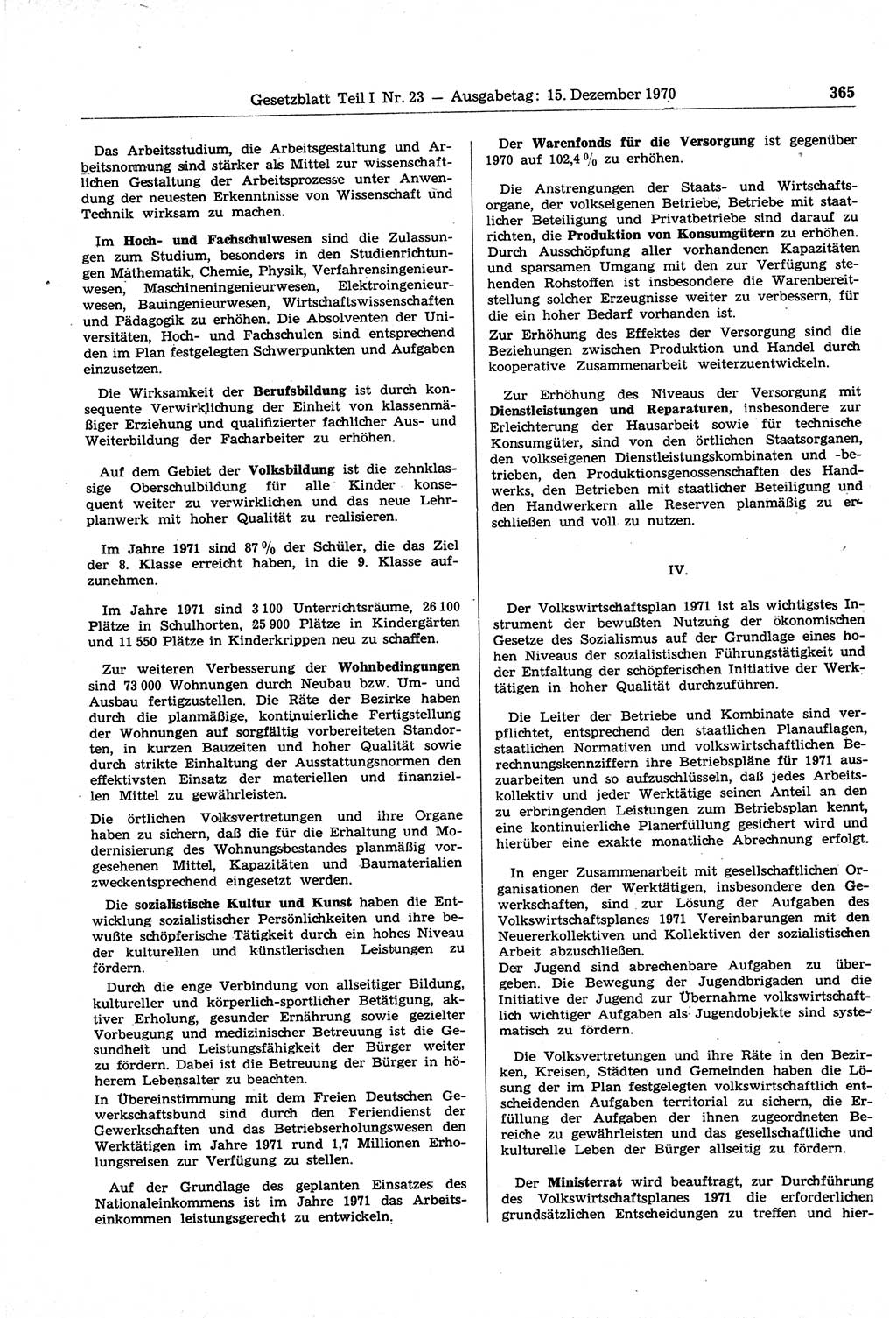 Gesetzblatt (GBl.) der Deutschen Demokratischen Republik (DDR) Teil Ⅰ 1970, Seite 365 (GBl. DDR Ⅰ 1970, S. 365)