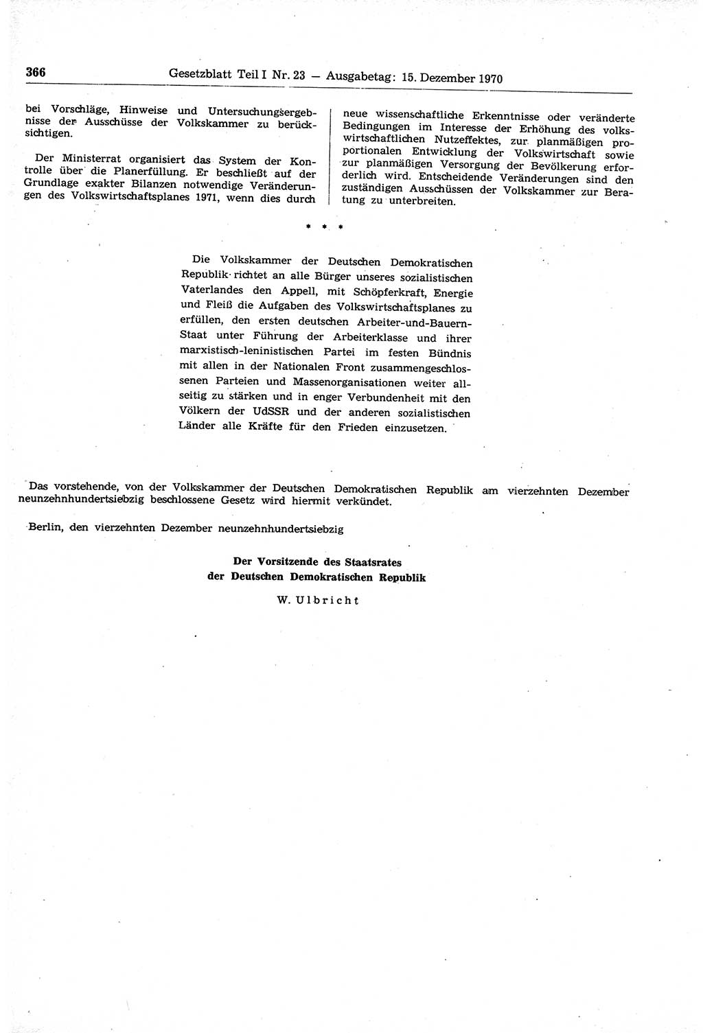 Gesetzblatt (GBl.) der Deutschen Demokratischen Republik (DDR) Teil Ⅰ 1970, Seite 366 (GBl. DDR Ⅰ 1970, S. 366)