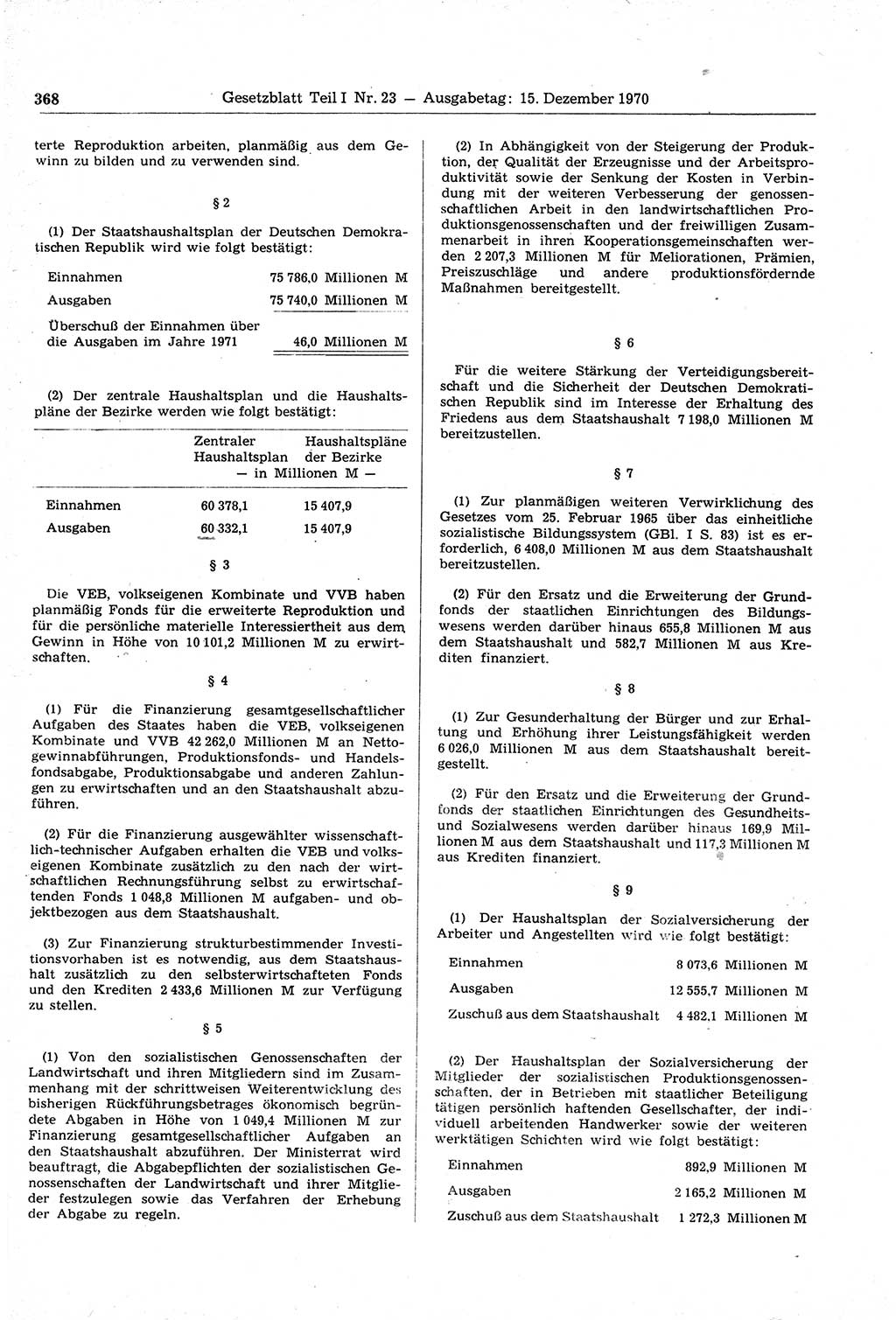 Gesetzblatt (GBl.) der Deutschen Demokratischen Republik (DDR) Teil Ⅰ 1970, Seite 368 (GBl. DDR Ⅰ 1970, S. 368)