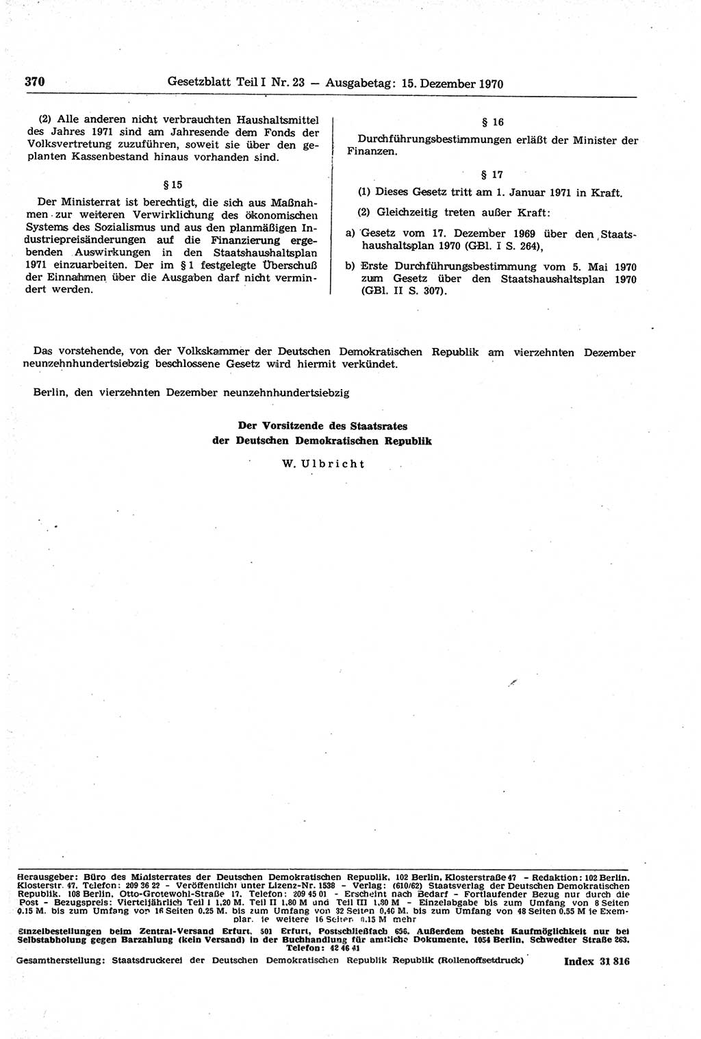 Gesetzblatt (GBl.) der Deutschen Demokratischen Republik (DDR) Teil Ⅰ 1970, Seite 370 (GBl. DDR Ⅰ 1970, S. 370)